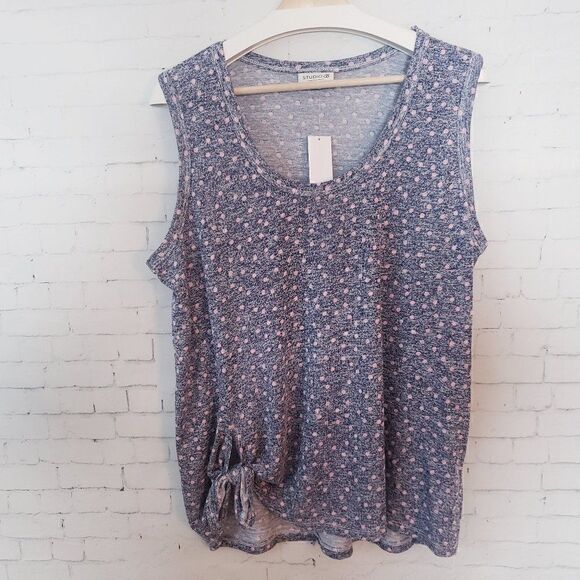 Studio B By Bobeau U Neck Scoop Neck Top Plus 1X Blue Pink Polka Dot Tie Hem - Picture 1 of 9